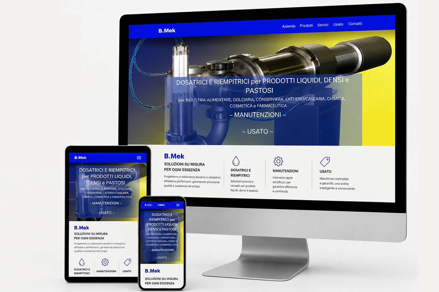 Sito web responsive B.Mek visualizzato su desktop, tablet e smartphone